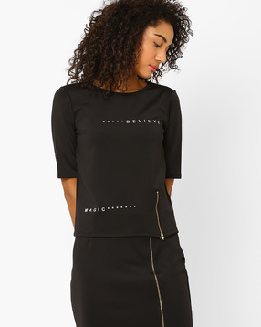 AJIO - Crew Neck T-shirt with Zip Detail