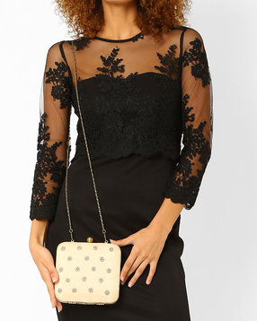 Tarusa - Silk Box Clutch with Floral Embellisments