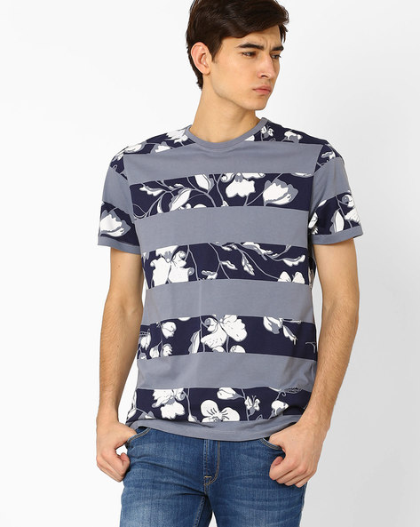AJIO - Floral Print Striped T-shirt