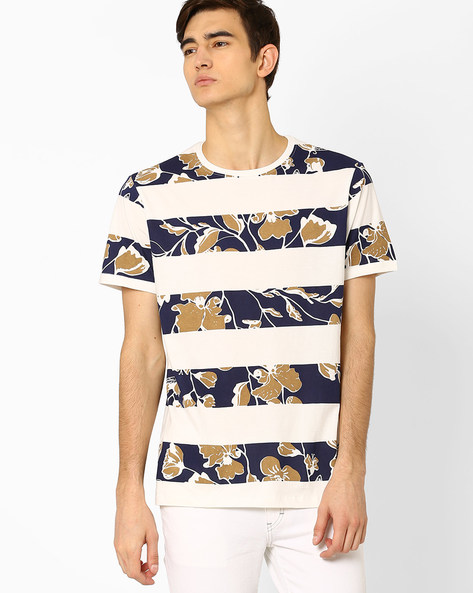 AJIO - Floral Print Striped T-shirt