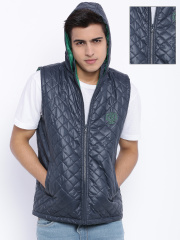 Sports52 wear Navy & Green Sleeveless Reversible Hooded Quilted Jacket