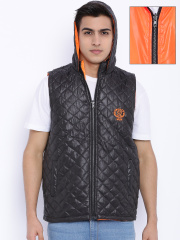 Sports52 wear Black & Orange Sleeveless Reversible Hooded Quilted Jacket
