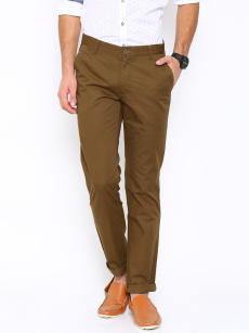 John Players Men Brown Solid Flat-Front Slim Fit Casual Trousers