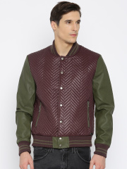Mast & Harbour Burgundy & Olive Green Quilted Bomber Jacket