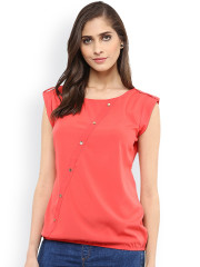 Pannkh Women Coral Orange Solid Crepe Blouson Top