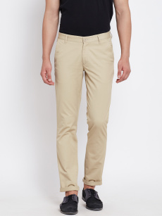John Players Men Beige Solid Slim Fit Flat-Front Trousers