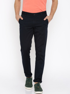 John Players Men Navy Solid Slim Fit Flat-Front Trousers