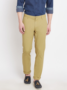 John Players Men Khaki Solid Slim Chino Trousers