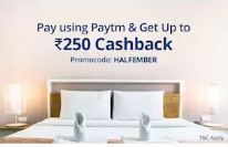 Upto Rs.250 cashback when you pay using paytm at Oyo