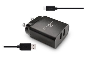 Amkette PowerPro Smart Dual Port Wall Charger MicroUSB Cable Included (2.4 Amperes) (Black)