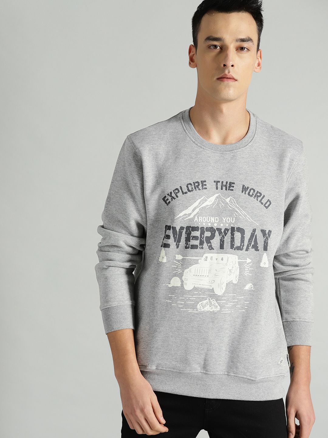 Roadster Men Grey Melange Printed Sweatshirt