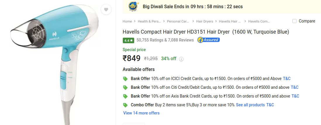 Lowest Ever : Havells Compact Hair Dryer At Just Rs. 470 + Free Shipping at   | Online shopping in india | Daily Deal & Cashback |  