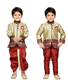 AJ Dezines Full Sleeves Kurta And Dhoti With Jodhpuri Breeches - Golden And Maroon
