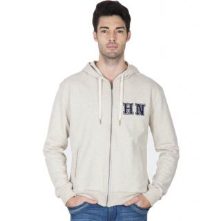 Hypernation Ecru Melange Cotton Hooded Jacked For Men