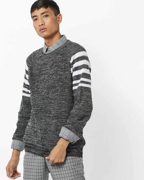 AJIO Grey Pullovers Crew-Neck Pullover with Striped Panels