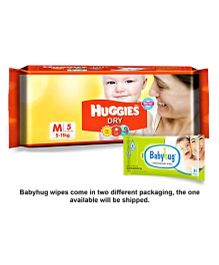 Huggies Dry Taped Diapers Medium Size - 5 Pieces & Babyhug Premium Baby Wipes - 80 Pieces