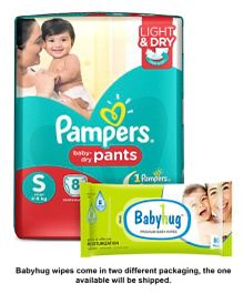Pampers Pant Style Diapers Light And Dry Small - 8 Pieces & Babyhug Premium Baby Wipes - 80 Pieces