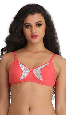 Cotton Non padded Wirefree Lacy Full Cup Bra - Pink