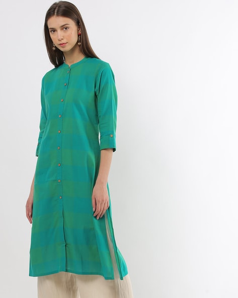 SIYAHI Green Straight Checked Straight Kurta with Mandarin Collar