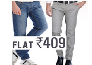 Men Jeans, Trousers or Pack of 3 Checkered Capris at Flat Rs. 409