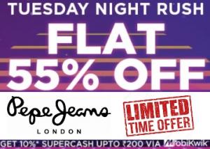 3 Hours Sale:- PEPE Jeans Clothings at FLAT 55% OFF +Upto Rs. 200 Cashback + Free Shipping