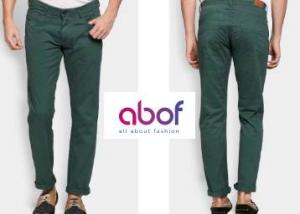abof Green Slim Fit Trousers at Flat 50% Off + Extra Rs. 100 Off + More Offers