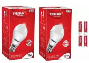 Eveready 10W LED Bulb Pack of 2 + 4 Batteries at Rs. 159 + 8.4% dealCorner Cashback