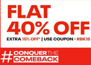 Reebok Officials Flat 40% Off + Extra 15% Code + 11% Cashback !!