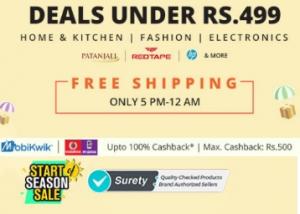 (Till 12.00 AM) :- Buy Everything Under Rs. 499 + Free Shipping + 100% Cashback