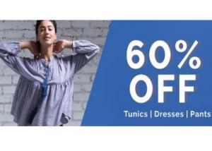 Get FLAT 60% Off On Tunics, Dresses & Pants, starts at Rs. 110