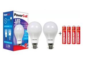 PowerCell 7 W LED Bulb Pack of 2 with FREE 4 Batteries at Rs. 149