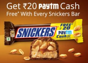 Grab Rs.20 Paytm Cash on Buying Snickers worth Rs.40