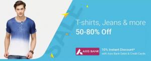 Get MIn 50% - 80% off on Men's T-Shirts, Jeans & More + Bank Offer