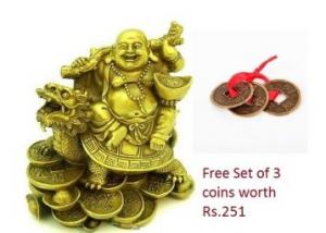 Laughing Buddha Sitting on Dragon Tortoise for good luck FREE Lucky coins at Rs. 99